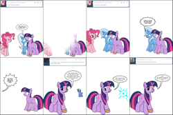 Size: 2412x1608 | Tagged: safe, artist:dekomaru, derpibooru import, edit, pinkie pie, trixie, twilight sparkle, unicorn twilight, oc, oc:nebula, pony, unicorn, ask, comic, female, lesbian, magical lesbian spawn, oblivious twilight is oblivious, offspring, parent:trixie, parent:twilight sparkle, parents:twixie, race swap, shipping, teleportation, tumblr, tumblr:ask twixie, twixie, unicorn pinkie pie