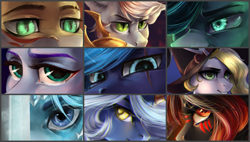 Size: 1024x582 | Tagged: safe, artist:zefirayn, derpibooru import, trixie, oc, collage, digital art, eye, eye scar, eyes, female, group, male, mare, mercy, overwatch, scar, stallion