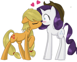 Size: 1245x998 | Tagged: safe, artist:prozenconns, applejack, rarity, earth pony, pony, unicorn, blushing, eyes closed, female, heart, lesbian, mare, no pupils, raised hoof, rarijack, shipping, simple background, surprised, transparent background