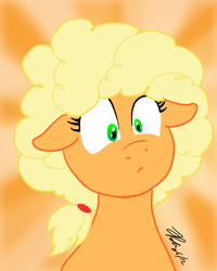 Size: 640x800 | Tagged: safe, artist:the_gneech, applejack, earth pony, pony, abstract background, afro, afrojack, alternate hairstyle, female, floppy ears, mare, solo, wide eyes