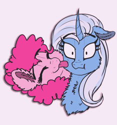 Size: 600x640 | Tagged: safe, artist:saphi-boo, derpibooru import, pinkie pie, trixie, earth pony, pony, cheek fluff, chest fluff, ear fluff, female, lesbian, licking, shipping, tongue out, trixiepie