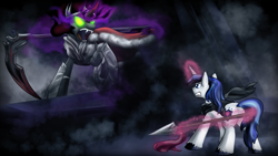 Size: 1920x1080 | Tagged: dead source, safe, artist:zedrin, king sombra, shining armor, pony, umbrum, unicorn, fight, magic, scythe, spear, weapon