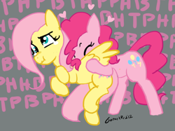 Size: 732x547 | Tagged: safe, artist:moronsonofboron, fluttershy, pinkie pie, earth pony, pegasus, pony, :t, back buzz, buck buzz, crying, derp, duo, duo female, eyes closed, female, heart, mare, motorboating, onomatopoeia, raspberry, raspberry noise, scrunchy face, tickling, wing buzz, wing motorboating