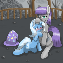 Size: 2000x2000 | Tagged: safe, artist:wonton soup, derpibooru import, maud pie, trixie, comforting, crying, female, lesbian, mauxie, pixiv, shipping