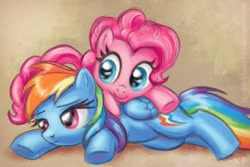 Size: 1000x667 | Tagged: safe, artist:kp-shadowsquirrel, pinkie pie, rainbow dash, earth pony, pegasus, pony, cute, female, mare, pony pillow, prone, smiling