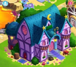 Size: 471x421 | Tagged: safe, derpibooru import, bon bon, sweetie drops, trixie, school daze, architecture, barn, building, dormitory, gameloft, solo