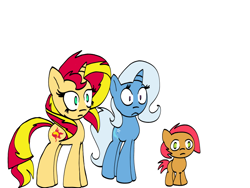 Size: 800x600 | Tagged: safe, artist:turkleson, derpibooru import, babs seed, sunset shimmer, trixie, earth pony, pony, unicorn, animated at source, sunset-answers, tumblr