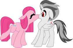 Size: 900x594 | Tagged: safe, artist:megamastercj, pinkie pie, oc, alicorn, earth pony, pony, alicorn oc, canon x oc, female, floppy ears, kissing, male, mare, megamastercjpony, pinkamena diane pie, simple background, stallion, straight, transparent background