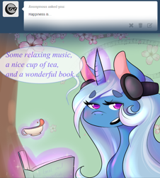 Size: 500x554 | Tagged: safe, artist:kittentoots, derpibooru import, trixie, pony, unicorn, asksketchytrixie, book, female, headphones, magic, mare, solo, tea, teacup, telekinesis, tumblr