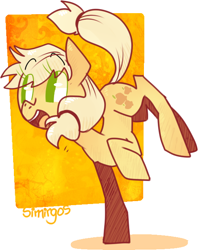 Size: 542x685 | Tagged: safe, artist:simirgos, applejack, earth pony, pony, abstract background, female, happy, mare, no pupils, prancing, smiling, solo