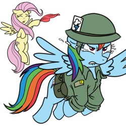 Size: 1000x1000 | Tagged: safe, artist:madmax, fluttershy, rainbow dash, pegasus, pony, clothes, crying, duo, duo female, farewell, female, flying, handkerchief, helmet, lip bite, mare, parting, simple background, soldier, spread wings, teary eyes, uniform, war, white background, wings