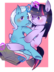 Size: 900x1200 | Tagged: safe, artist:shaochi, derpibooru import, trixie, twilight sparkle, book, female, lesbian, pixiv, shipping, twixie