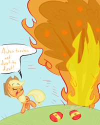 Size: 880x1100 | Tagged: safe, artist:elslowmo, artist:tess, applejack, earth pony, pony, burning, fire, orange, solo, tree