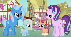 Size: 1320x686 | Tagged: safe, artist:velvetsparkleyt, derpibooru import, starlight glimmer, trixie, pony, unicorn, offspring, parent:prince blueblood, parent:starlight glimmer, parent:sunburst, parent:trixie, parents:bluetrix, parents:starburst