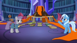 Size: 1366x768 | Tagged: safe, derpibooru import, screencap, maud pie, trixie, uncommon bond, board game, dragon pit, library, volcano