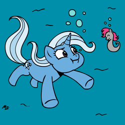 Size: 945x945 | Tagged: safe, artist:megasweet, derpibooru import, trixie, oc, sea pony, underwater