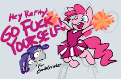 Size: 900x590 | Tagged: safe, artist:moronsonofboron, elusive, pinkie pie, rarity, earth pony, pony, unicorn, cheerleader, clothes, female, male, mare, pom pom, rule 63, self ponidox, skirt, stallion, vulgar, wide eyes