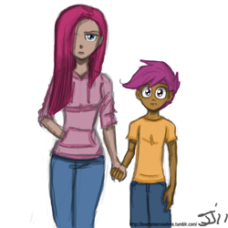 Size: 1280x1280 | Tagged: safe, artist:johnjoseco, pinkie pie, scootaloo, human, clothes, duo, duo female, female, holding hands, hoodie, humanized, pinkamena diane pie