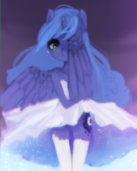 Size: 1280x1600 | Tagged: safe, artist:marinakirby, princess luna, anthro, bare shoulders, chromatic aberration, clothes, crying, cute, dress, hiding, lunabetes, s1 luna, solo, stockings