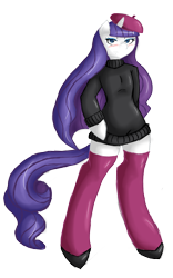 Size: 5000x8000 | Tagged: safe, artist:avante92, rarity, anthro, unguligrade anthro, absurd resolution, arm hooves, beatnik rarity, bedroom eyes, beret, blushing, clothes, hat, shoes, solo, stockings, sweater, sweater dress, thigh highs