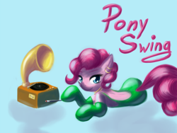 Size: 1024x768 | Tagged: safe, artist:snus-kun, pinkie pie, earth pony, pony, cigarette, cigarette holder, clothes, dress, ear piercing, earring, evening gloves, female, gloves, gramophone, jewelry, long gloves, mare, necklace, piercing, prone, solo, sultry pose