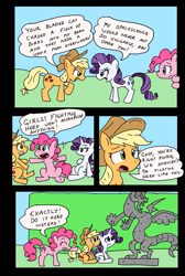 Size: 599x891 | Tagged: safe, artist:tifu, applejack, discord, pinkie pie, rarity, earth pony, pony, unicorn, comic