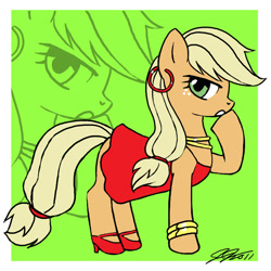 Size: 900x900 | Tagged: safe, artist:johnjoseco, applejack, earth pony, pony, anarchy panty, clothes, crossover, dress, ear piercing, earring, panty and stocking with garterbelt, piercing, signature, solo, zoom layer