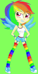 Size: 333x640 | Tagged: safe, artist:tinacrazy29, rainbow dash, human, chibi, clothes, cute, humanized, rainbow socks, shorts, sneakers, socks, solo, striped socks, tanktop, thigh highs, top, winged humanization