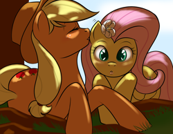 Size: 1800x1400 | Tagged: safe, artist:kloudmutt, applejack, fluttershy, earth pony, pegasus, pony, appleshy, female, flower, kissing, lesbian, mare, shipping