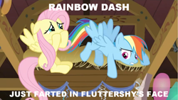 Size: 1024x576 | Tagged: safe, edit, edited screencap, screencap, fluttershy, rainbow dash, pegasus, pony, balloon, barn, caption, duo, duo female, face fart, female, flying, image macro, implied farting, mare