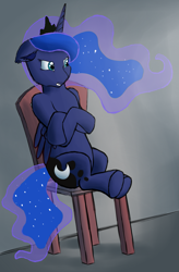 Size: 889x1354 | Tagged: safe, artist:ritorical, princess luna, alicorn, pony, crossed arms, interrogation, sitting, solo