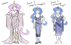 Size: 1280x805 | Tagged: safe, artist:king-kakapo, princess celestia, princess luna, human, barefoot, clothes, design, dress, feet, humanized, jewelry, lidded eyes, necklace, reference sheet, smiling, socks, thigh highs