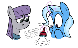 Size: 1334x826 | Tagged: safe, artist:moonatik, derpibooru import, maud pie, trixie, 30 minute art challenge, cup, exclamation point, female, flashlight (object), gravity falls, simple background, teacup, transparent background