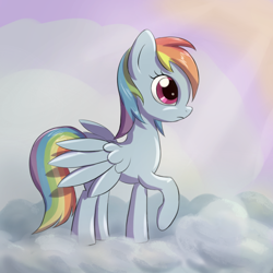 Size: 800x800 | Tagged: safe, artist:fajeh, rainbow dash, pegasus, pony, cloud, crepuscular rays, female, insecure, mare, profile, raised hoof, sky, solo