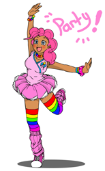 Size: 885x1440 | Tagged: safe, artist:sugar-plum, pinkie pie, human, clothes, converse, female, happy, humanized, leg warmers, moderate dark skin, rainbow socks, shoes, skirt, sneakers, socks, solo, striped socks, tutu