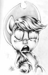 Size: 1523x2394 | Tagged: safe, artist:carlotta-guidicelli, applejack, earth pony, pony, bust, d:, frown, grayscale, looking up, monochrome, nose wrinkle, open mouth, pencil drawing, portrait, solo, traditional art, wide eyes