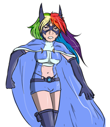 Size: 985x1132 | Tagged: artist needed, safe, rainbow dash, human, cape, clothes, dc comics, female, gritted teeth, humanized, huntress, simple background, solo, white background