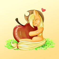 Size: 900x900 | Tagged: safe, artist:nefertie, applejack, earth pony, pony, apple, eyes closed, female, heart, hug, mare, solo, that pony sure does love apples