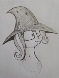 Size: 3888x5152 | Tagged: safe, artist:paskanaakka, derpibooru exclusive, derpibooru import, trixie, bust, clothes, hat, monochrome, portrait, solo, traditional art, trixie's hat