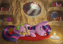 Size: 1052x744 | Tagged: safe, artist:gaiascope, derpibooru import, spike, twilight sparkle, dragon, blanket, candle, mama twilight, sleeping