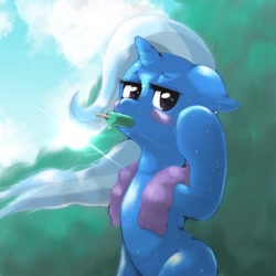 Size: 1536x1536 | Tagged: safe, artist:kurogewapony, derpibooru import, trixie, pony, unicorn, female, food, ice cream, looking at you, mare, scenery, sweat