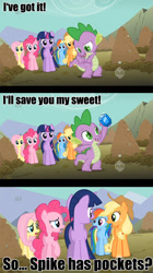 Size: 588x1048 | Tagged: safe, derpibooru import, edit, edited screencap, screencap, applejack, fluttershy, pinkie pie, rainbow dash, spike, twilight sparkle, dragon, earth pony, pegasus, pony, unicorn, caption, comic, female, male, mare, pockets, screencap comic