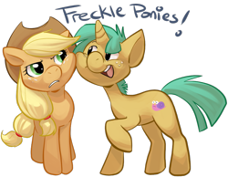 Size: 851x660 | Tagged: safe, artist:php27, applejack, snails, earth pony, pony, unicorn, female, freckles, horn, mare