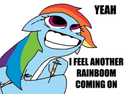 Size: 800x600 | Tagged: safe, artist:the weaver, rainbow dash, pegasus, pony, dilated pupils, drugs, female, floppy ears, grin, heroin, high, mare, needle, rainbow, simple background, smiling, solo, syringe, text, white background