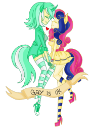 Size: 480x640 | Tagged: safe, artist:tinacrazy29, bon bon, lyra heartstrings, sweetie drops, human, clothes, eared humanization, female, feminist ponies, heart, holding hands, horned humanization, humanized, lesbian, lyrabon, mouthpiece, positive ponies, shipping, socks, striped socks, subversive kawaii, tailed humanization, thigh highs