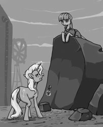 Size: 532x654 | Tagged: safe, artist:koviry, derpibooru import, maud pie, trixie, grayscale, mining, monochrome