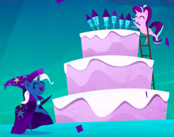 Size: 571x447 | Tagged: safe, derpibooru import, screencap, starlight glimmer, trixie, pony, unicorn, my little pony: the movie, cake, cape, clothes, cropped, duo, female, fireworks, food, hat, ladder, mare, pointy ponies, trixie's cape, trixie's hat