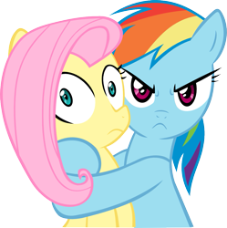 Size: 1007x1011 | Tagged: safe, artist:kurokaji11, artist:madmax, edit, fluttershy, rainbow dash, pegasus, pony, angry, female, flutterdash, frown, glare, hostage, hug, lesbian, looking at you, mare, mine!, possessive, recolor, shipping, simple background, transparent background, vector, wide eyes