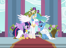 Size: 5488x4064 | Tagged: safe, artist:3d4d, derpibooru import, princess celestia, trixie, twilight sparkle, twilight sparkle (alicorn), alicorn, pony, absurd resolution, alternate universe, female, lesbian, marriage, shipping, twixie, wedding