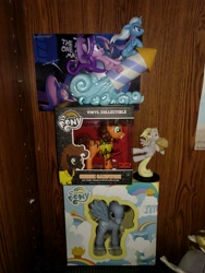 Size: 3036x4048 | Tagged: safe, derpibooru import, cheese sandwich, derpy hooves, starlight glimmer, trixie, autograph, figurine, funko, irl, photo, rocket, toy